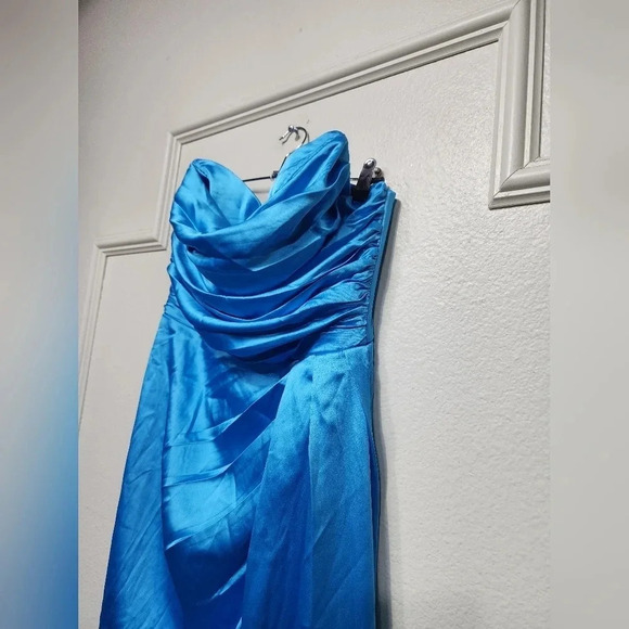 Lulus Ethereal Excellence Teal Blue Satin Pleated Strapless Maxi Dress Party - Picture 9 of 12